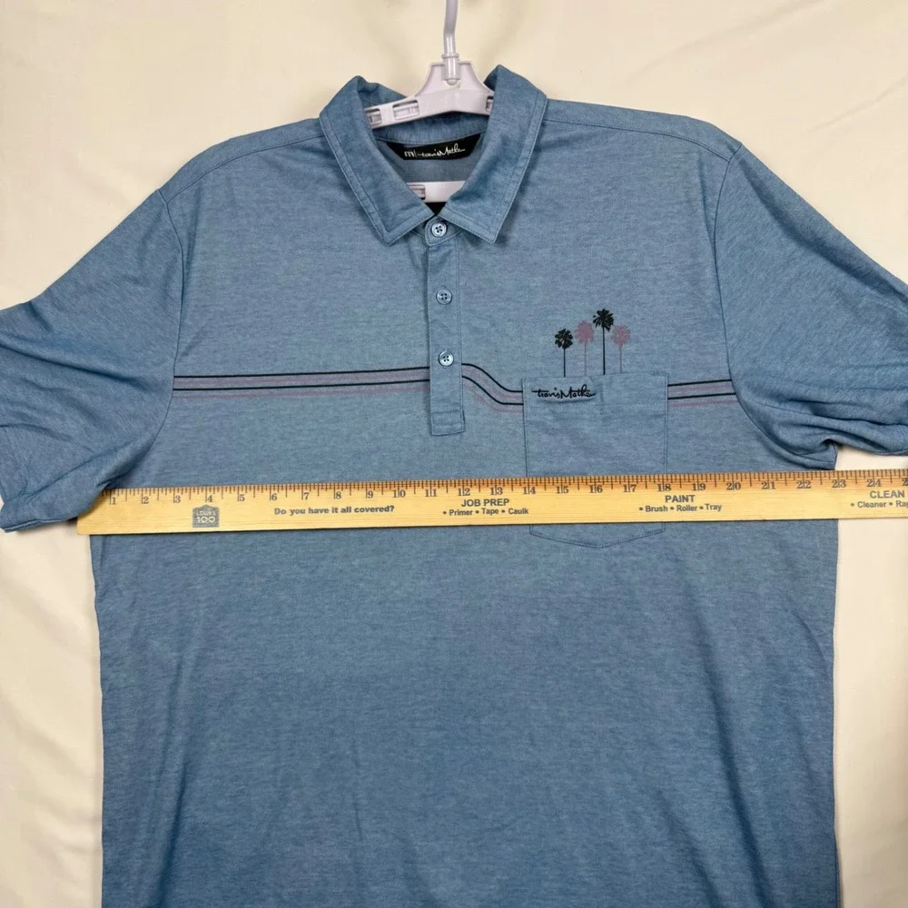 Travis Mathew Mens XL Blue Pima Cotton Blend Palm Tree Stripe Pocket Polo Shirt